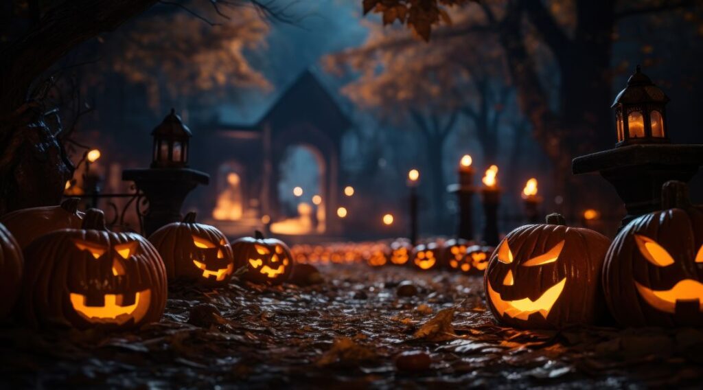 Halloween pumpkins on a dark path