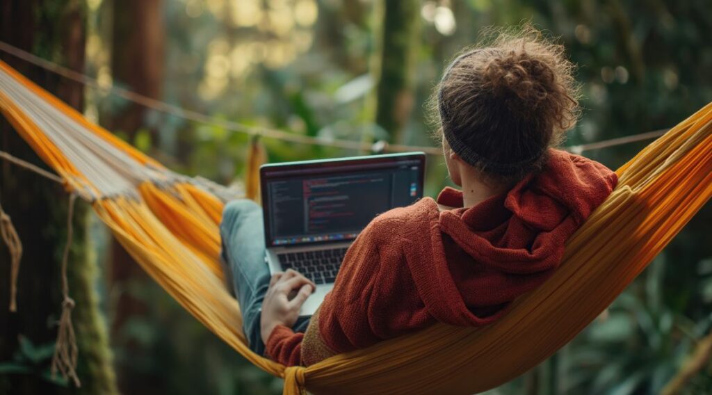 Remote working girl in a hammock